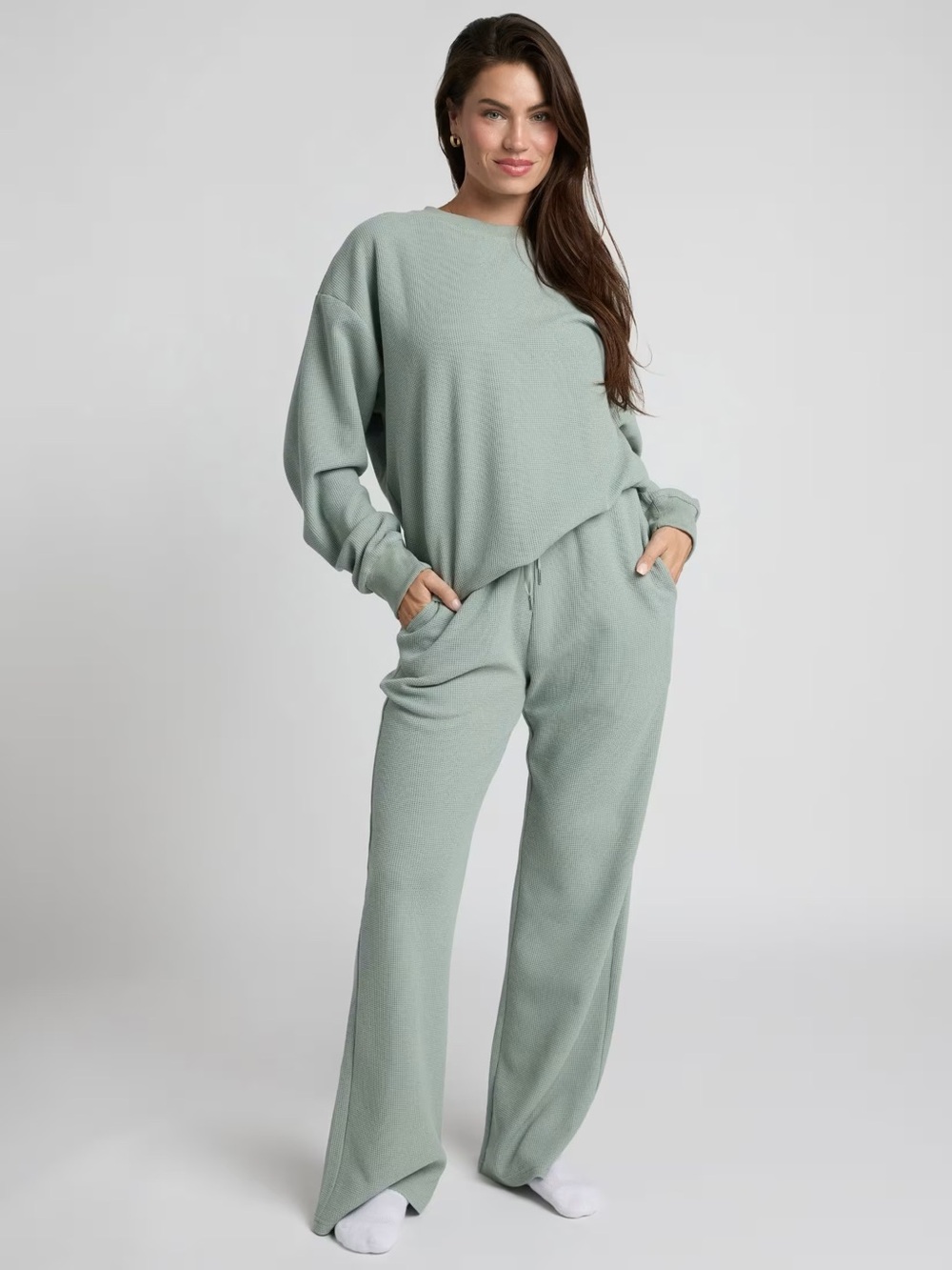 Relaxed Knit Wide-Leg Pants - Sage Green